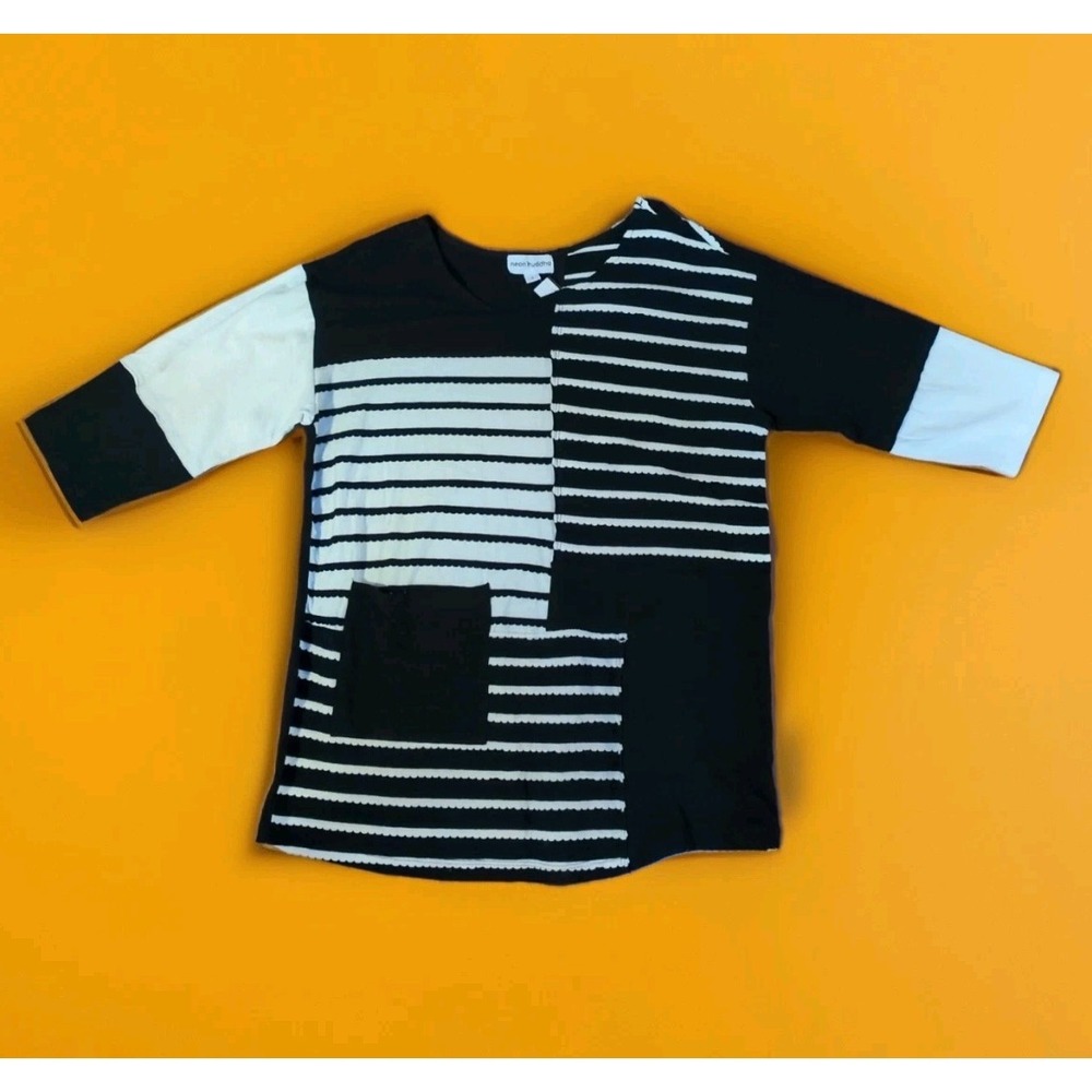 NEW Neon Buddha Small 100% Cotton Patchwork Stripe Tunic Top Black White Pocket